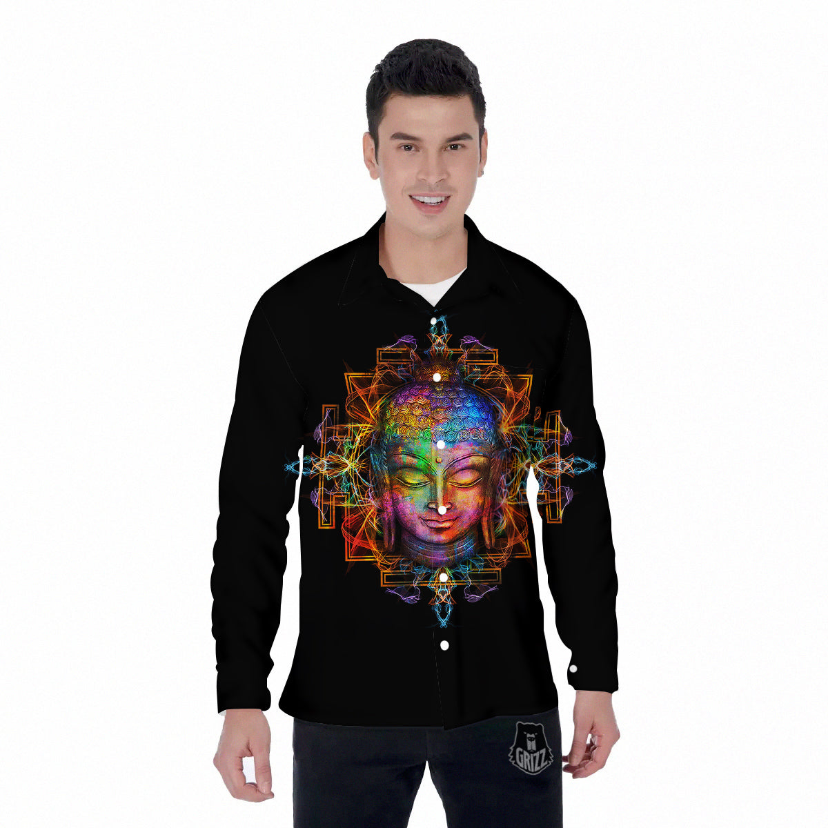 Buddha Colorful Print Men's Long Sleeve Shirts-grizzshop