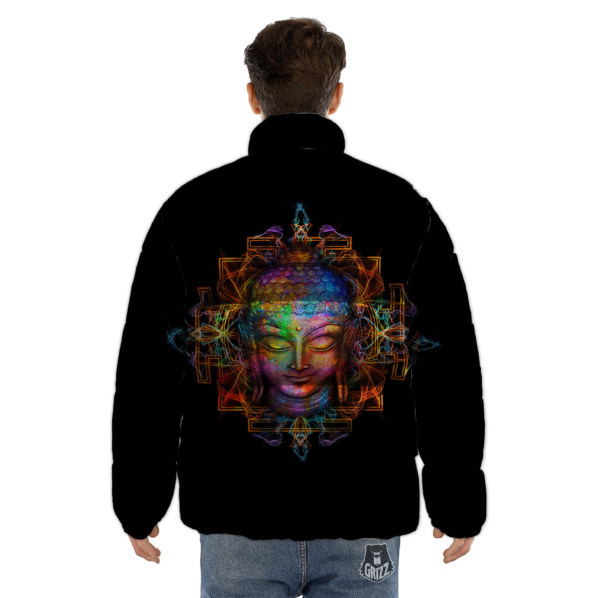 Buddha Colorful Print Puffer Jacket-grizzshop