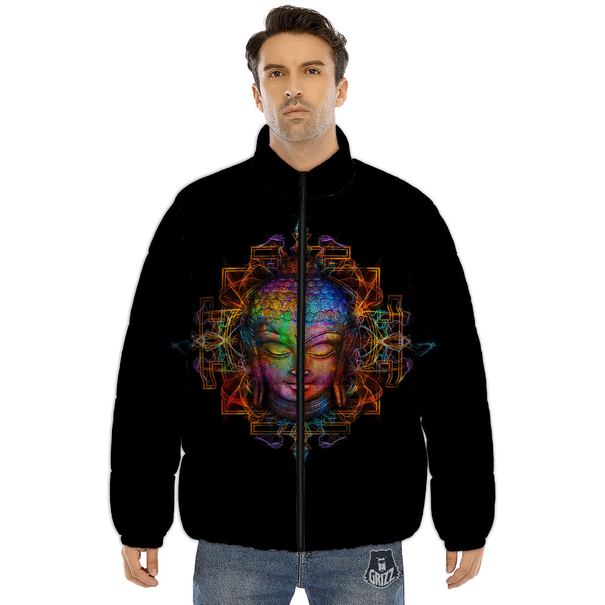 Buddha Colorful Print Puffer Jacket-grizzshop