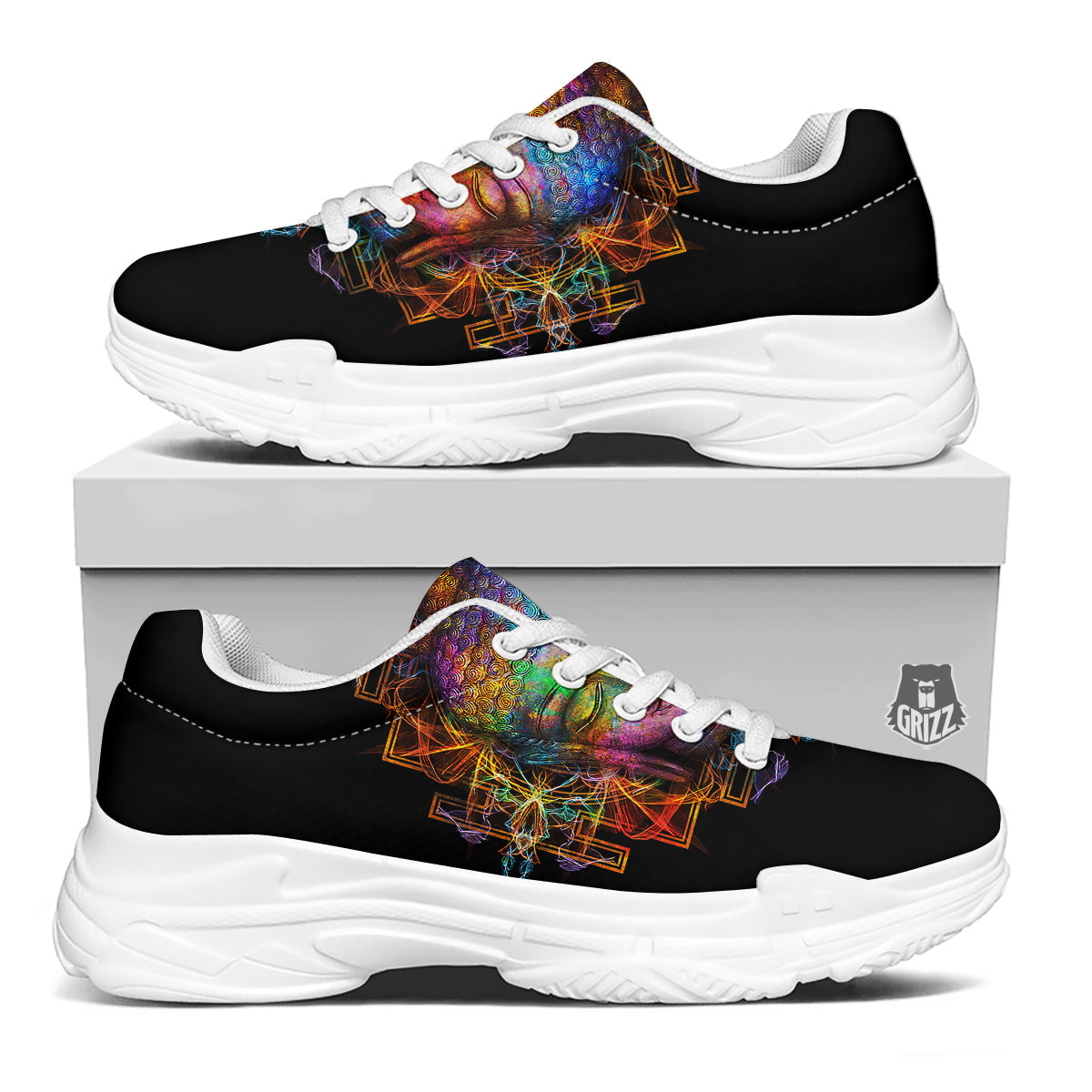 Buddha Colorful Print White Chunky Shoes-grizzshop