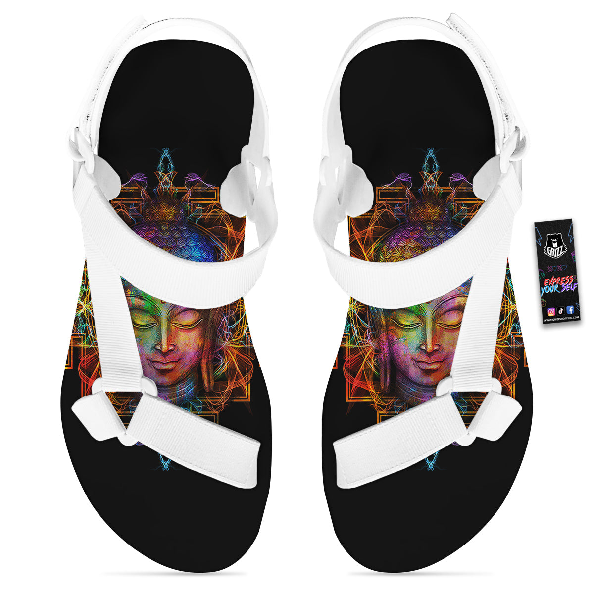 Buddha Colorful Print White Open Toe Sandals-grizzshop