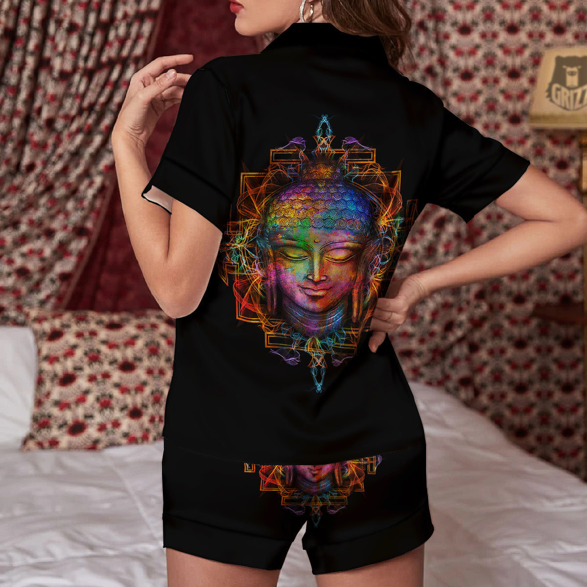 Buddha Colorful Print Women Silk Pajamas-grizzshop