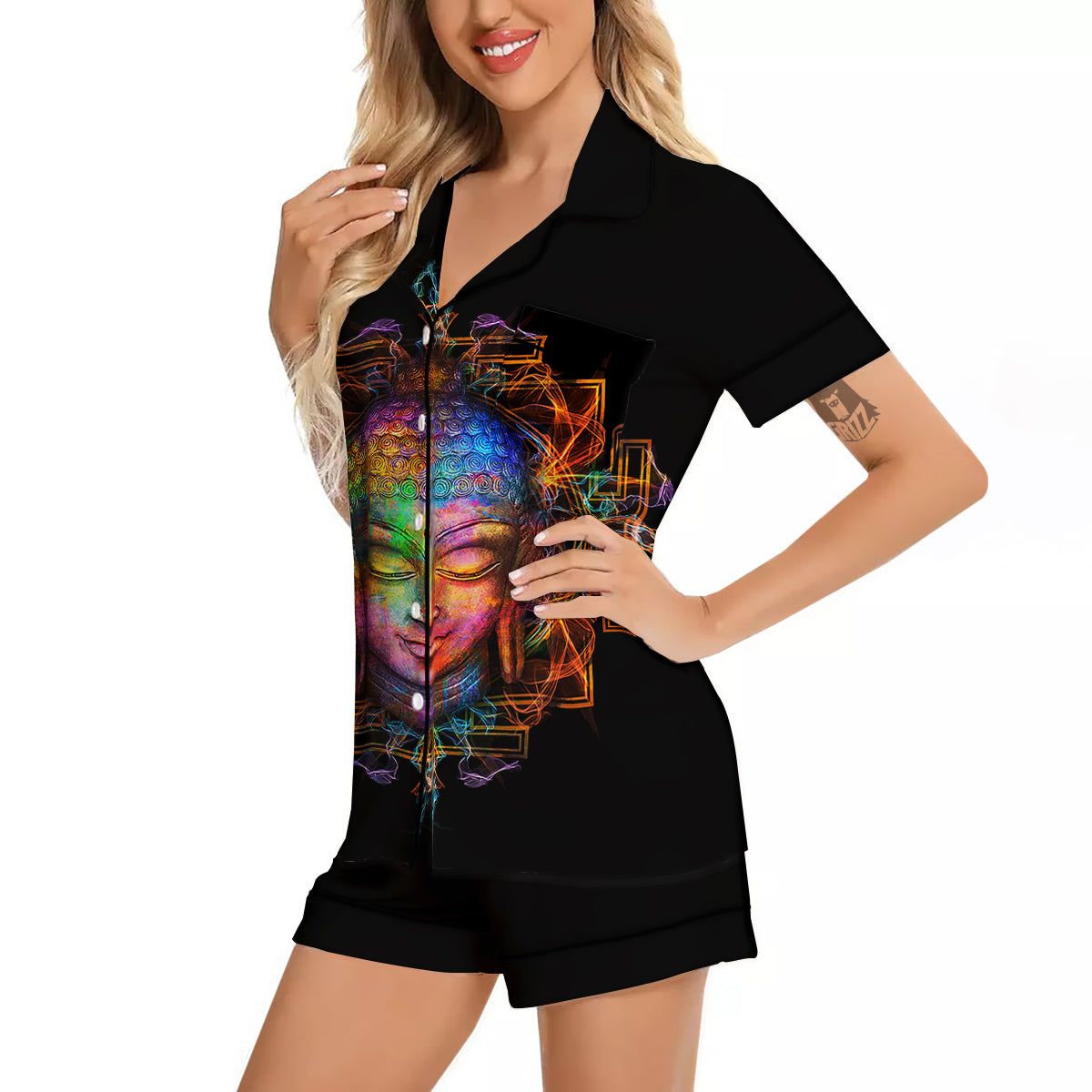 Buddha Colorful Print Women Silk Pajamas-grizzshop