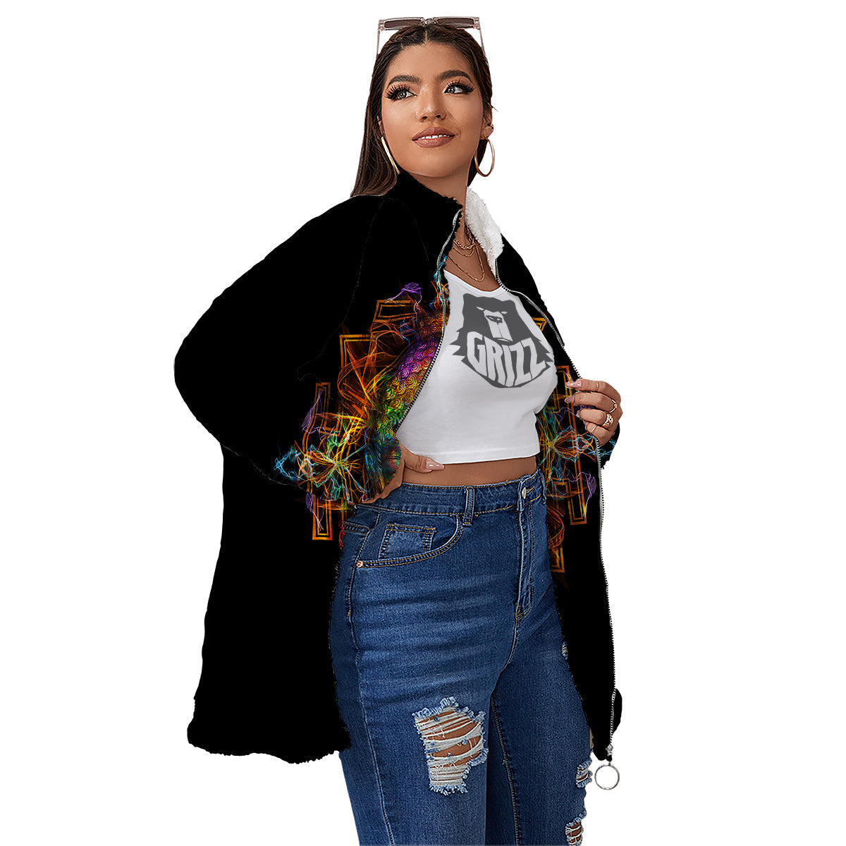 Buddha Colorful Print Women's Sherpa Jacket-grizzshop
