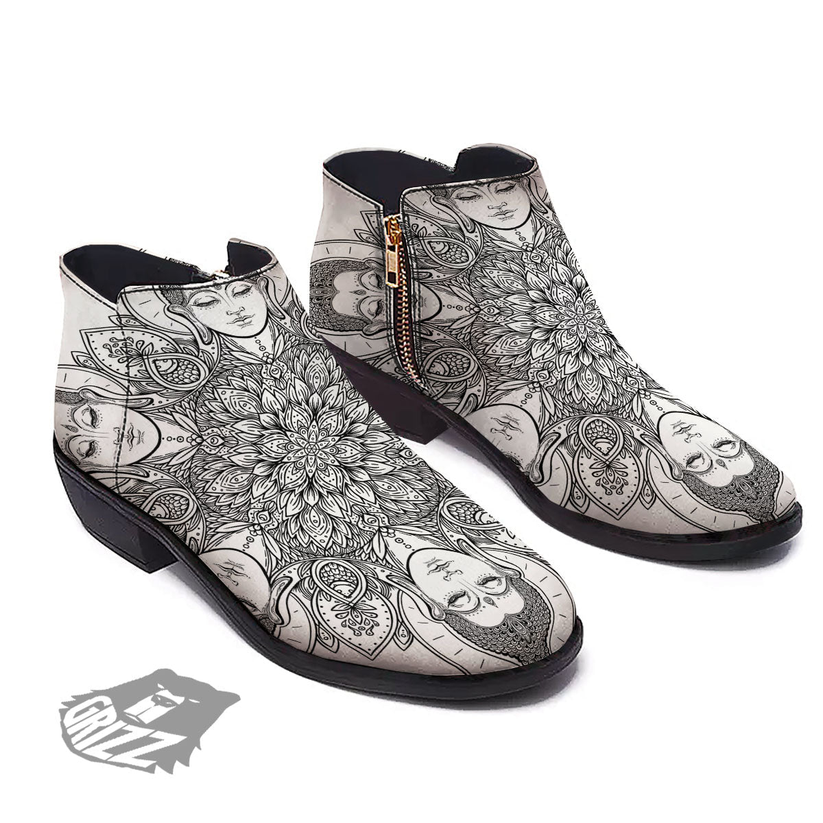 Buddha Face Ornate Mandala Print Ankle Boots-grizzshop