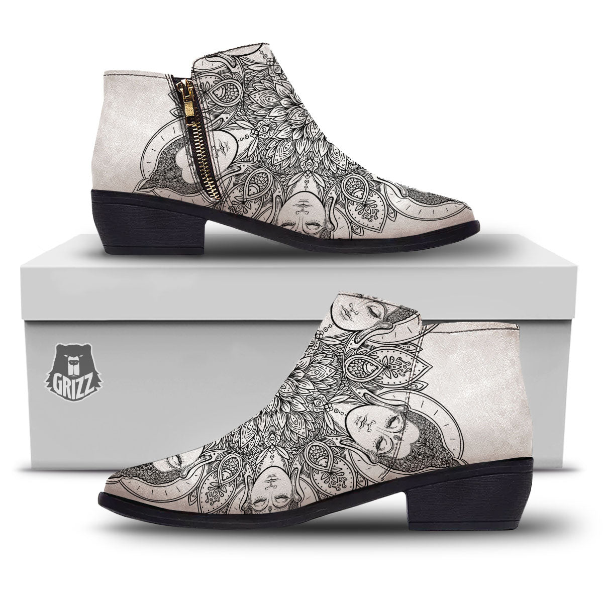 Buddha Face Ornate Mandala Print Ankle Boots-grizzshop