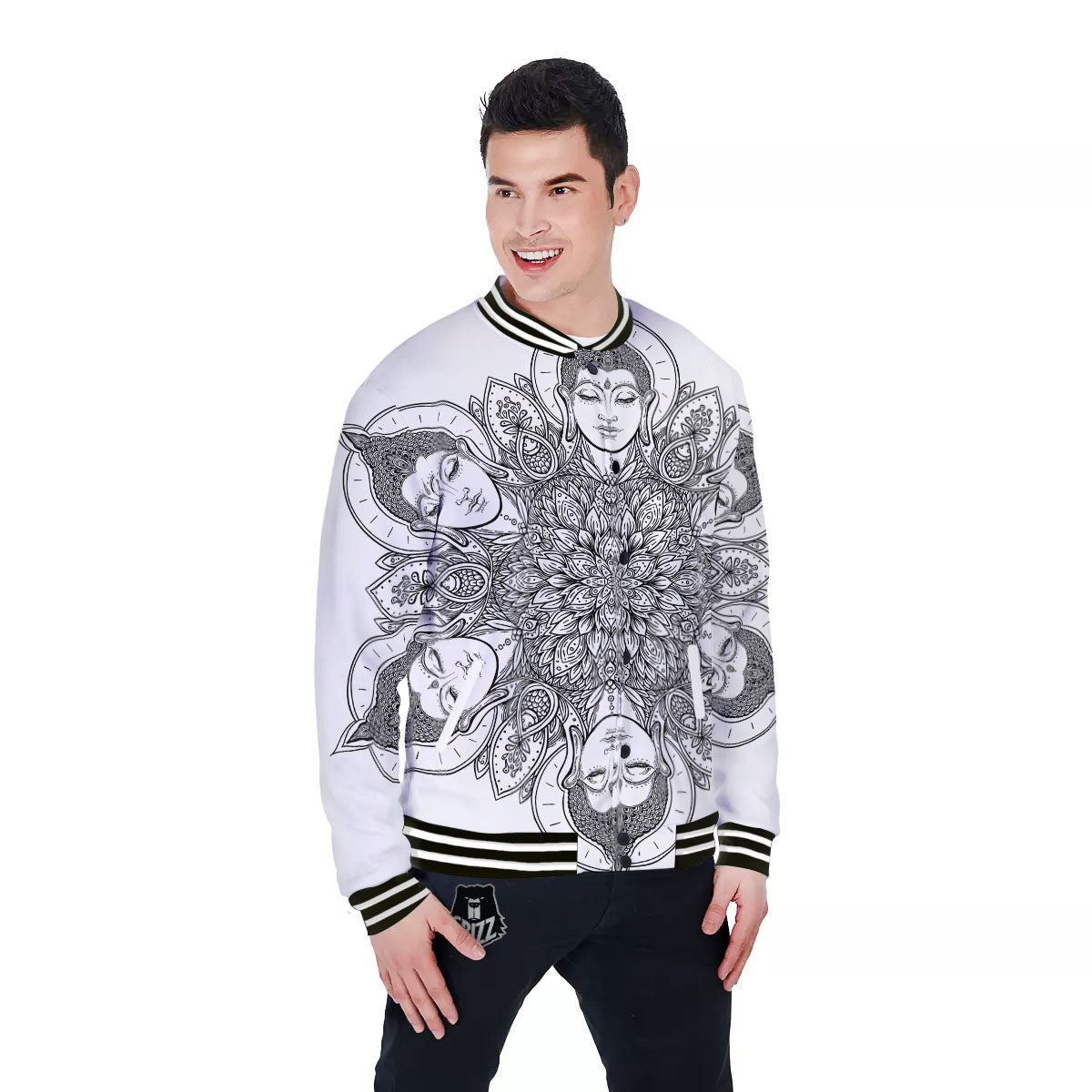 Buddha Face Ornate Mandala Print Baseball Jacket-grizzshop