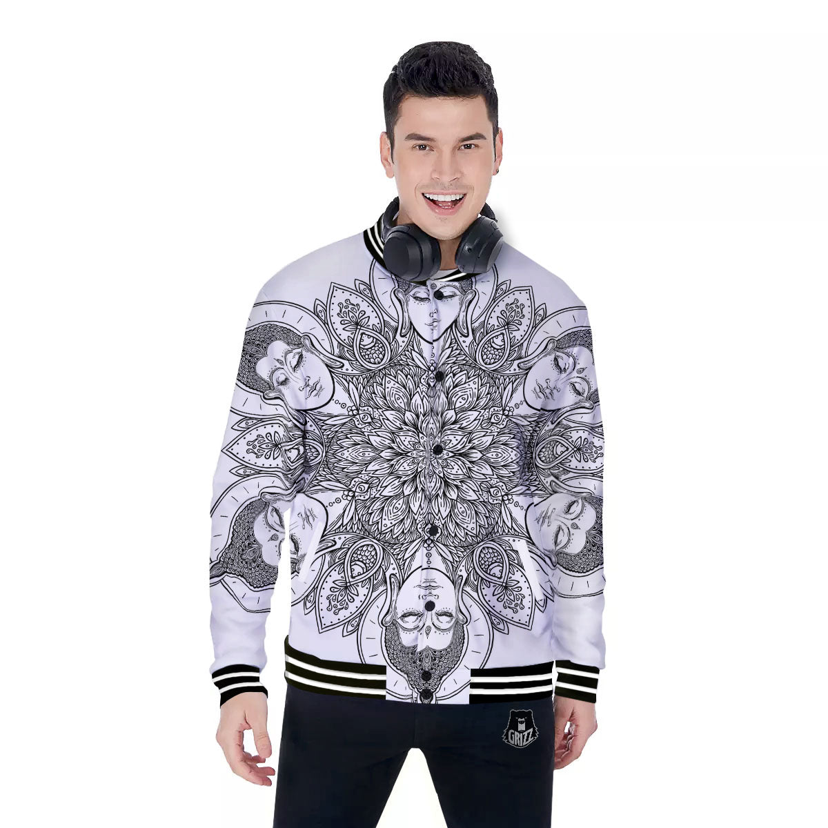 Buddha Face Ornate Mandala Print Baseball Jacket-grizzshop