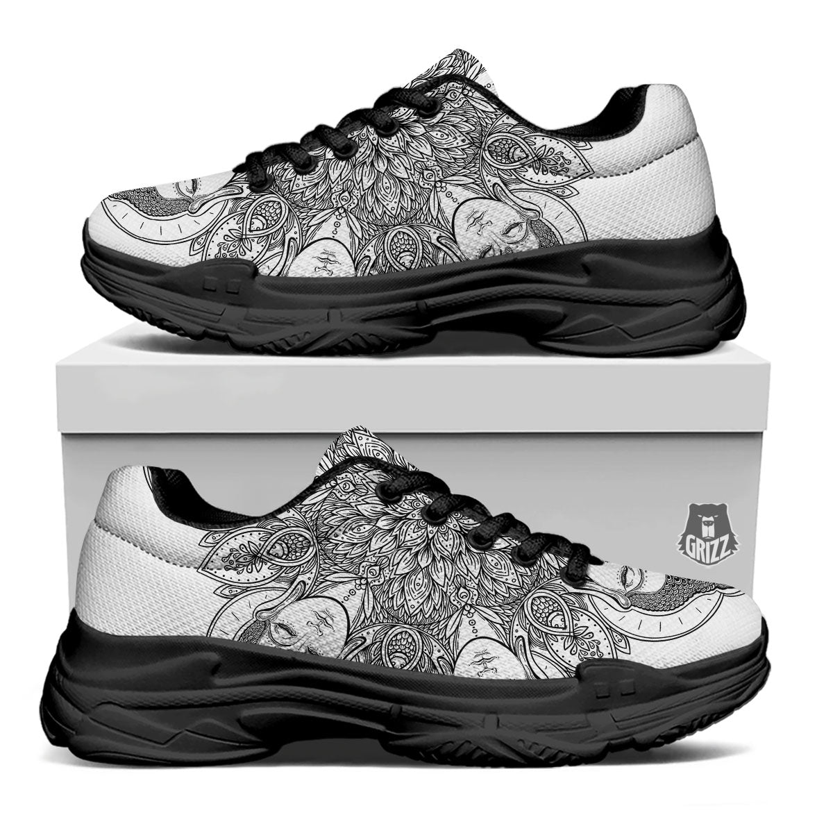 Buddha Face Ornate Mandala Print Black Chunky Shoes-grizzshop