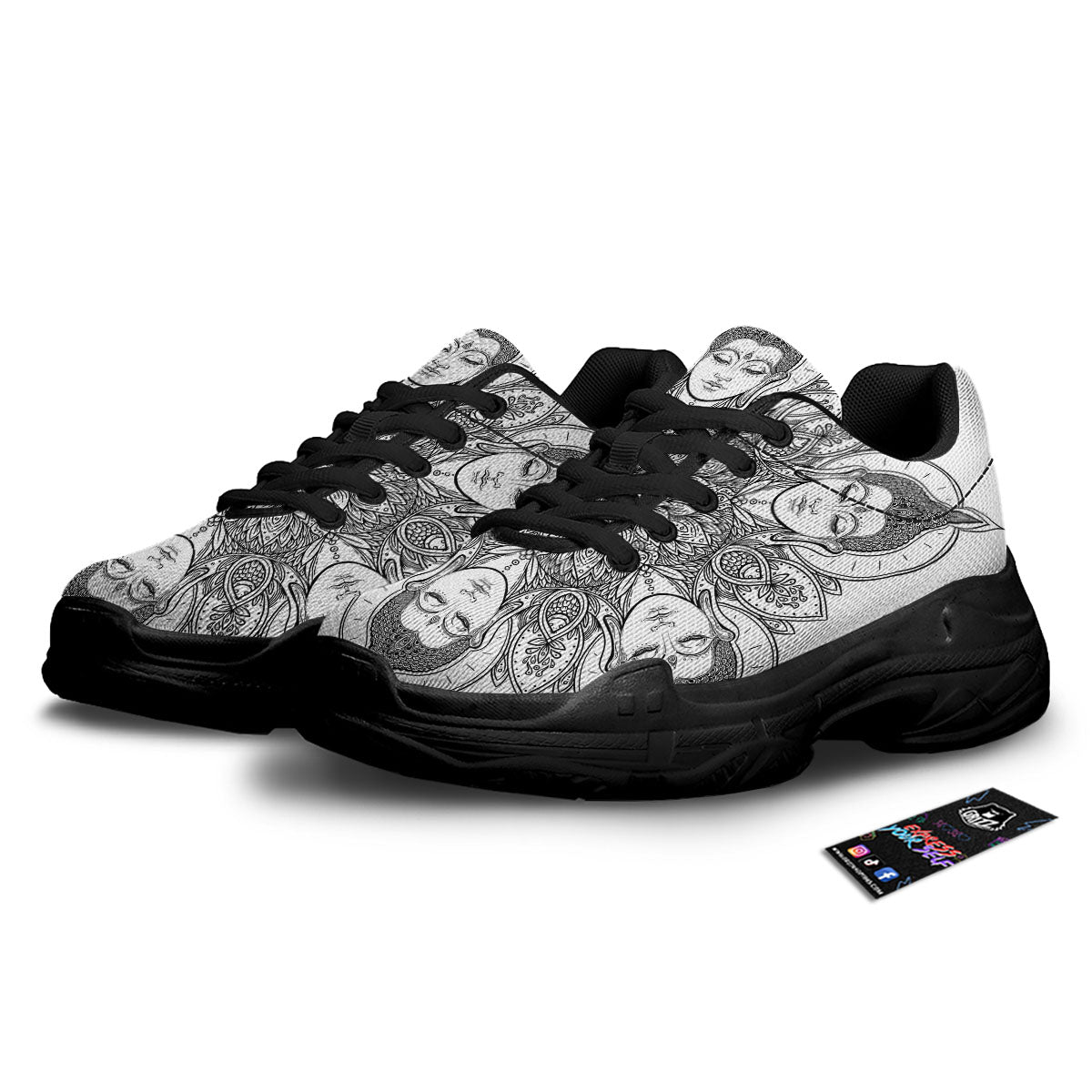 Buddha Face Ornate Mandala Print Black Chunky Shoes-grizzshop