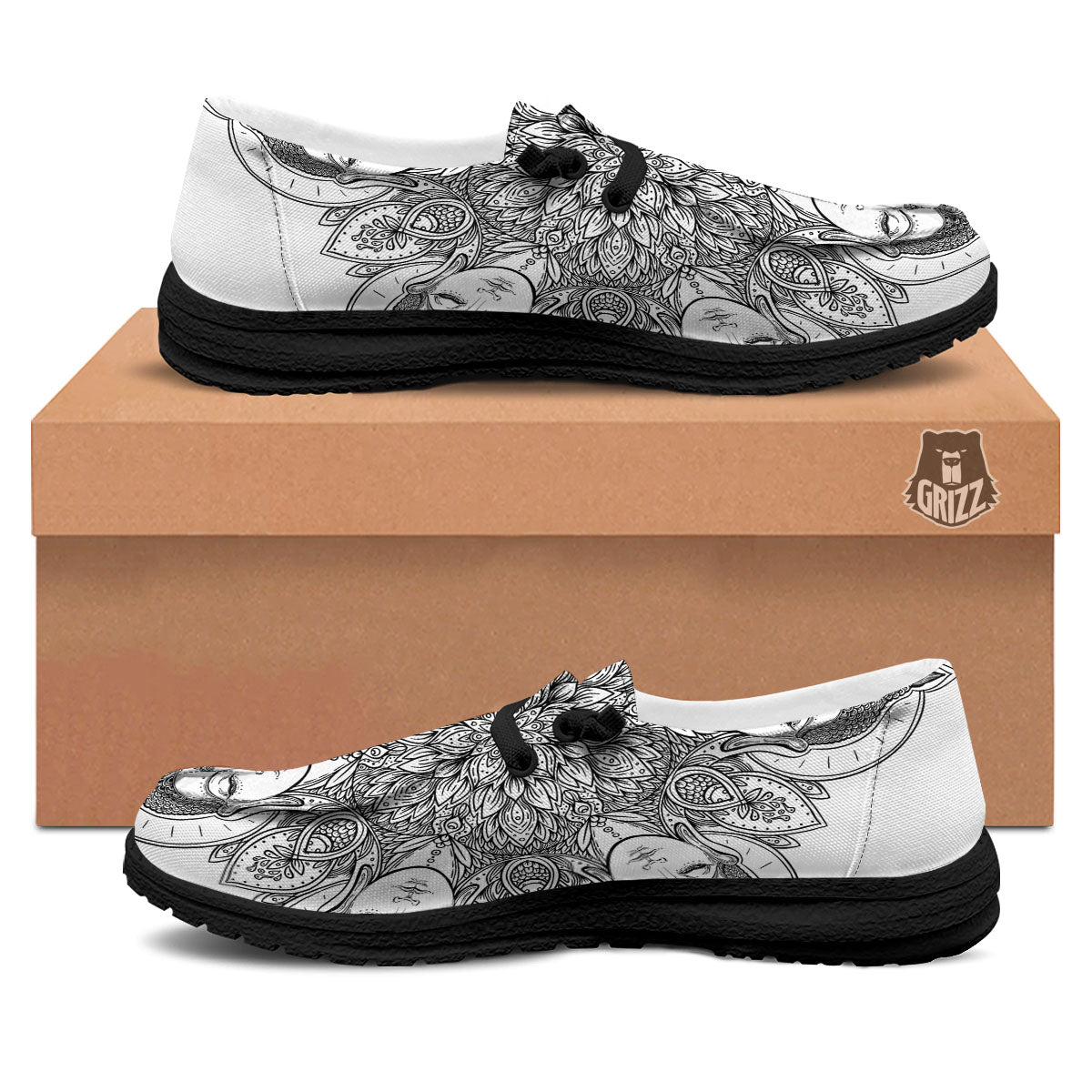 Buddha Face Ornate Mandala Print Black Loafers-grizzshop