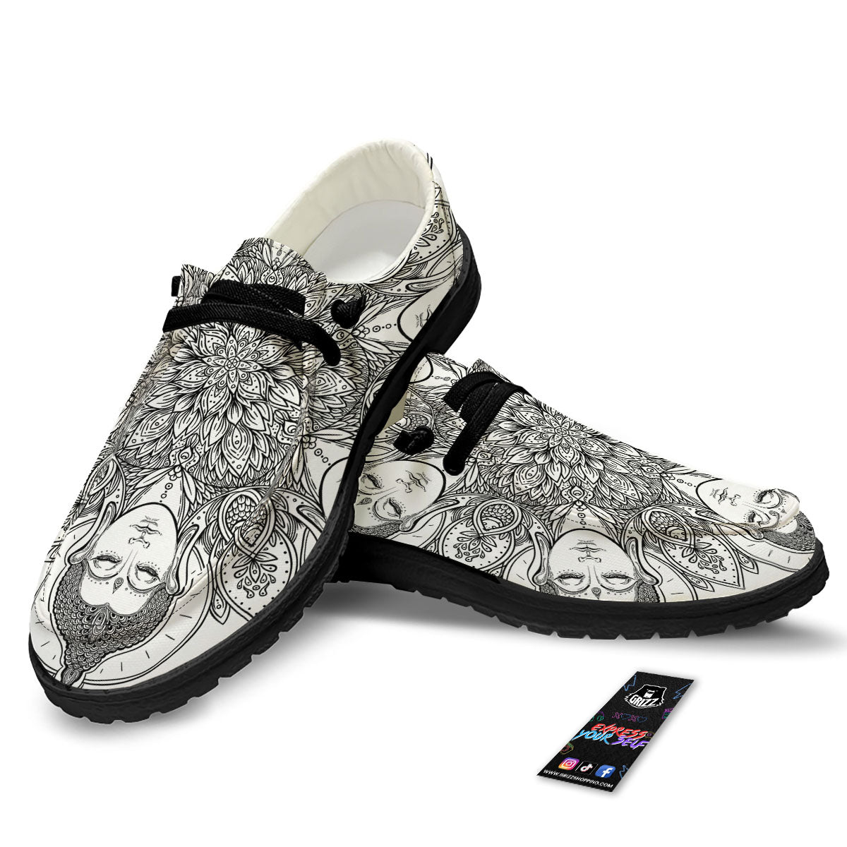 Buddha Face Ornate Mandala Print Black Loafers-grizzshop