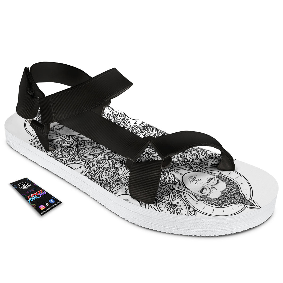 Buddha Face Ornate Mandala Print Black Open Toe Sandals-grizzshop