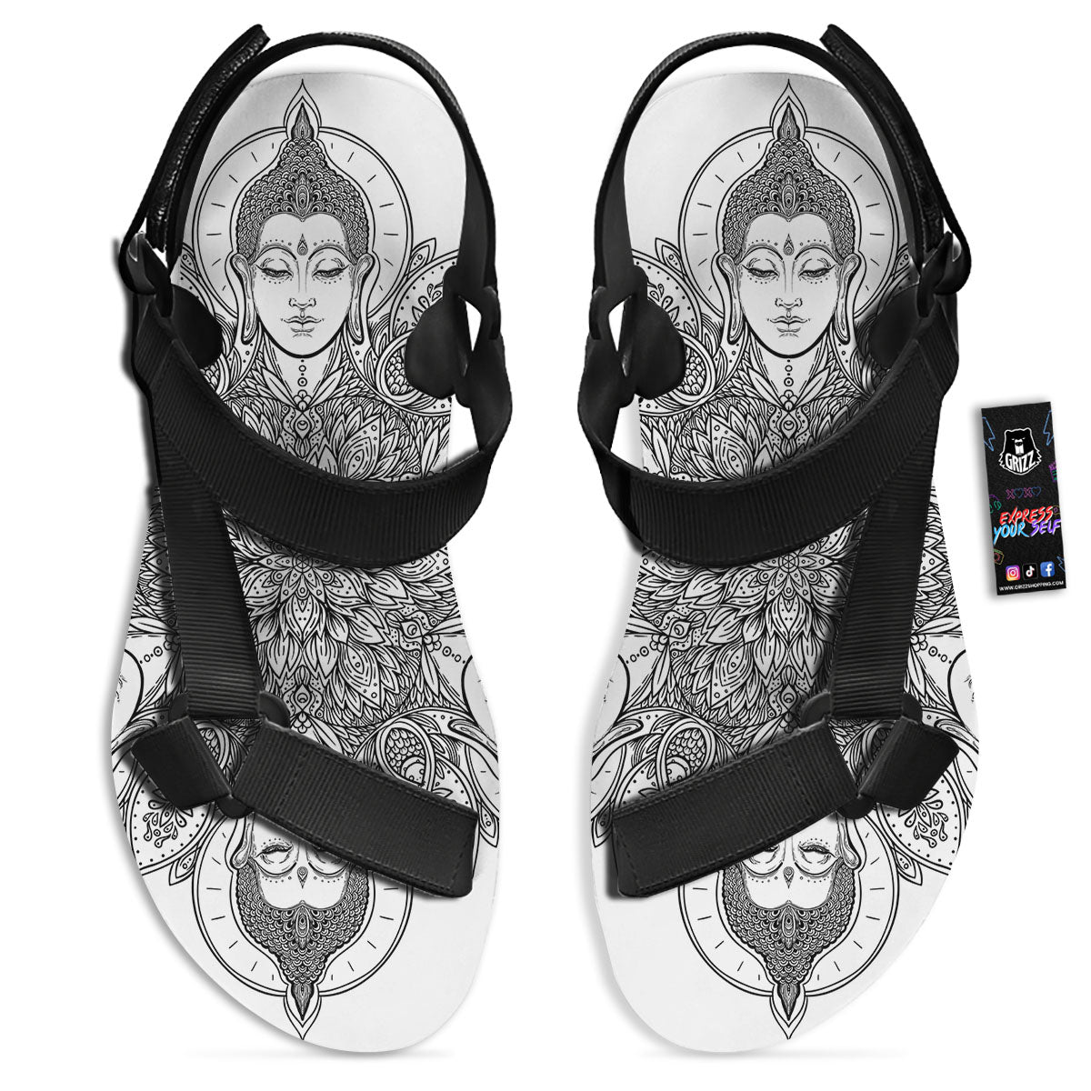 Buddha Face Ornate Mandala Print Black Open Toe Sandals-grizzshop