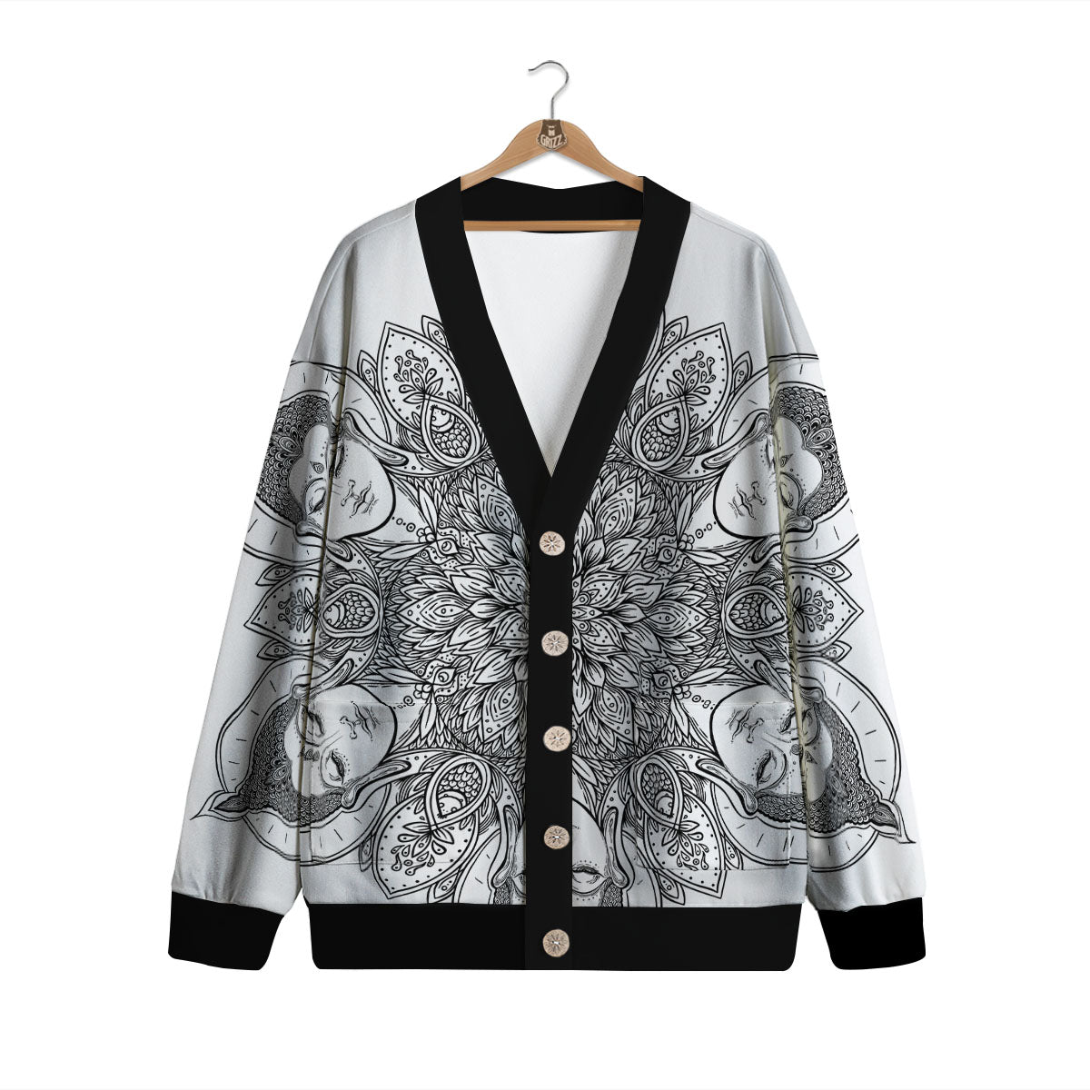Buddha Face Ornate Mandala Print Cardigan-grizzshop