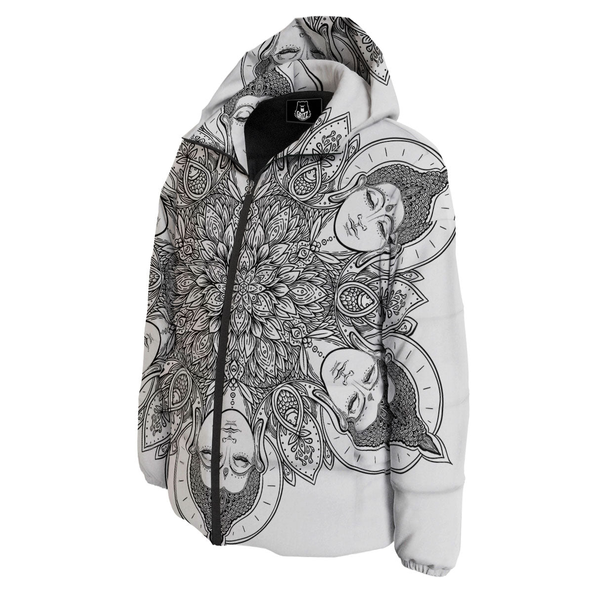 Buddha Face Ornate Mandala Print Down Jacket-grizzshop