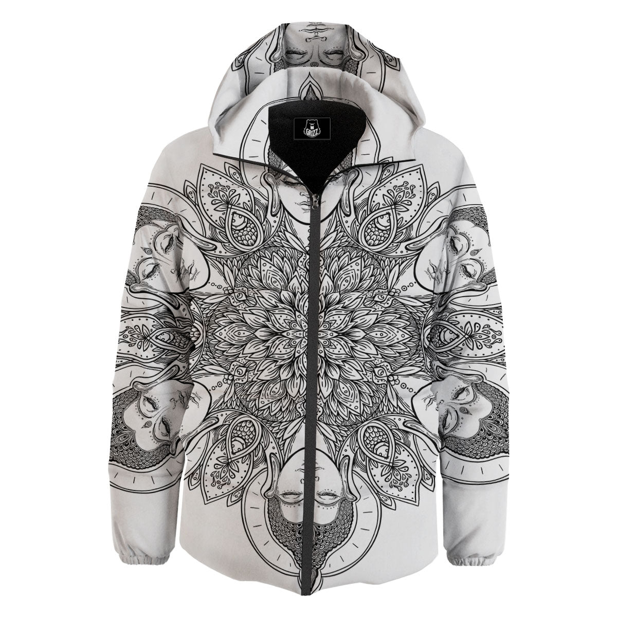 Buddha Face Ornate Mandala Print Down Jacket-grizzshop