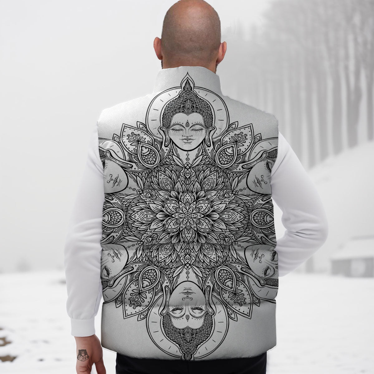 Buddha Face Ornate Mandala Print Down Vest