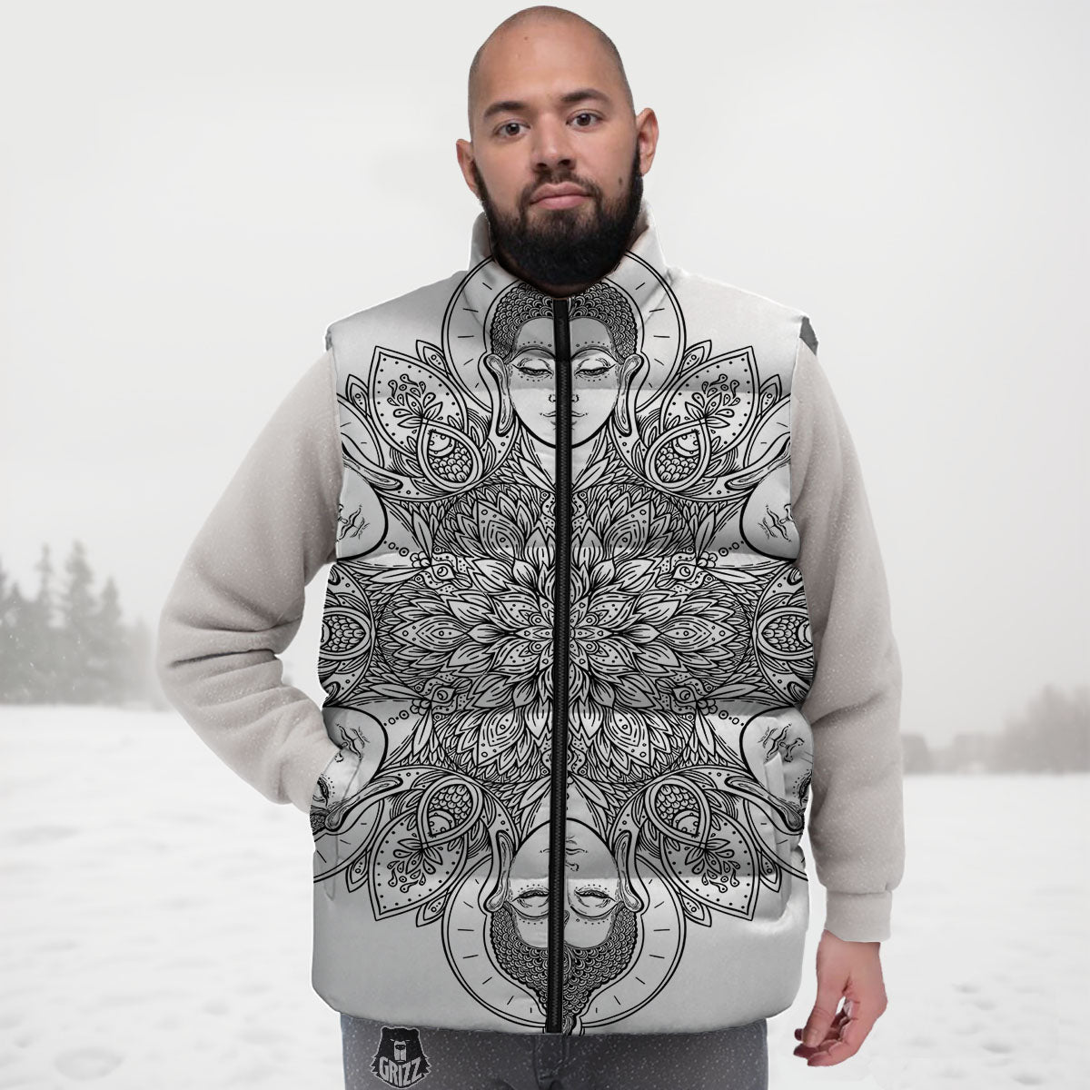Buddha Face Ornate Mandala Print Down Vest