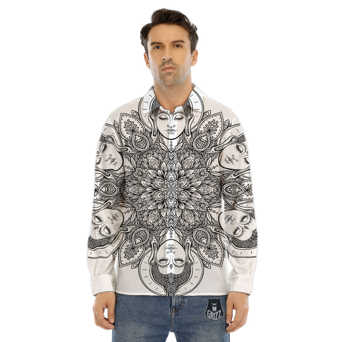 Buddha Face Ornate Mandala Print Men's Dress Shirts-grizzshop