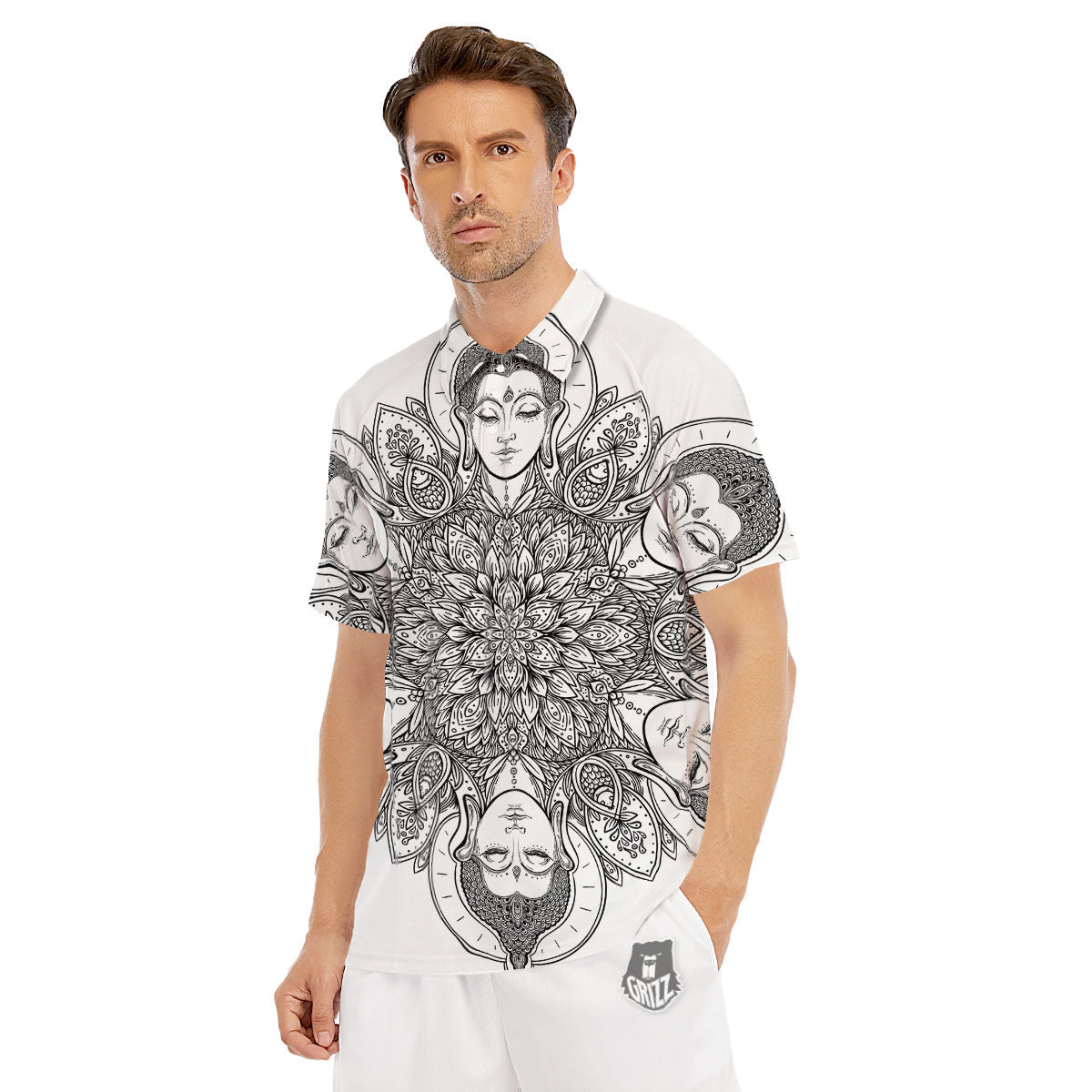 Buddha Face Ornate Mandala Print Men's Golf Shirts-grizzshop
