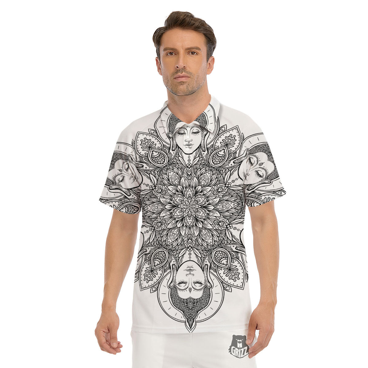 Buddha Face Ornate Mandala Print Men's Golf Shirts-grizzshop
