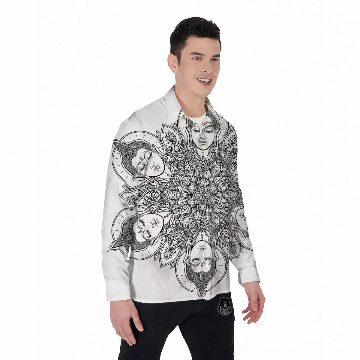 Buddha Face Ornate Mandala Print Men's Long Sleeve Shirts-grizzshop