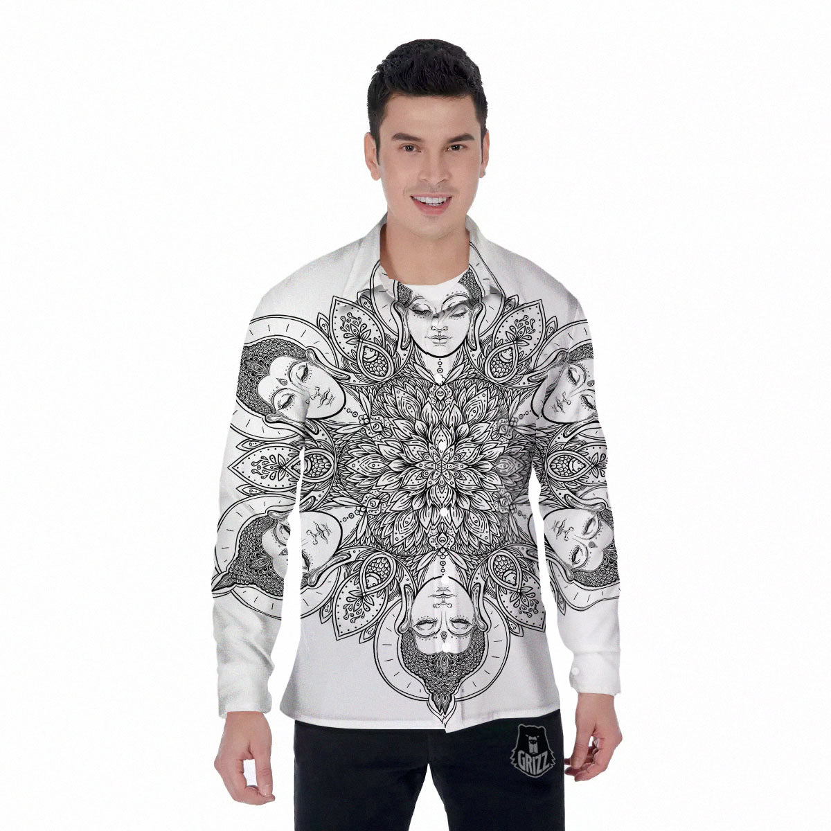 Buddha Face Ornate Mandala Print Men's Long Sleeve Shirts-grizzshop