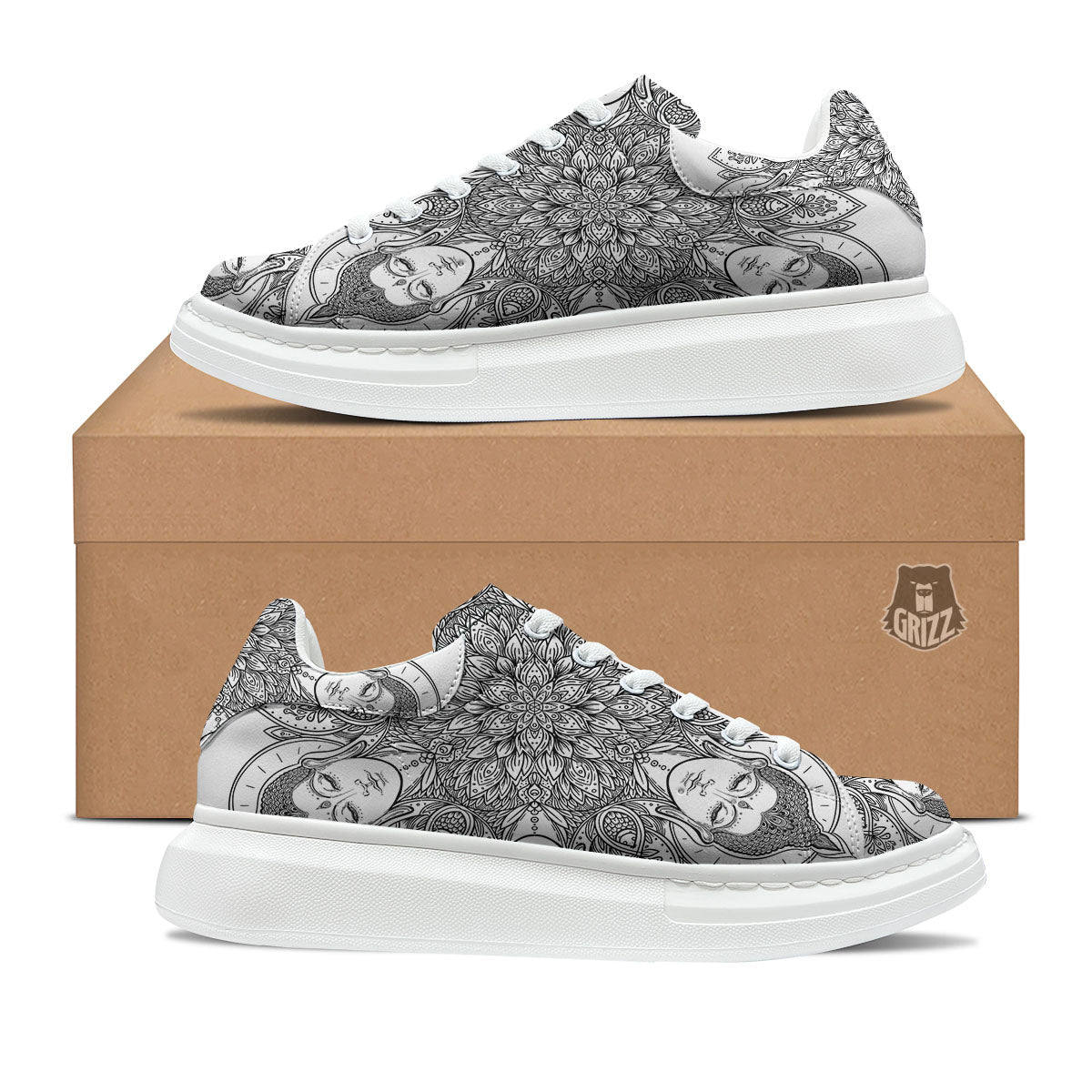 Buddha Face Ornate Mandala Print Platform Shoes-grizzshop