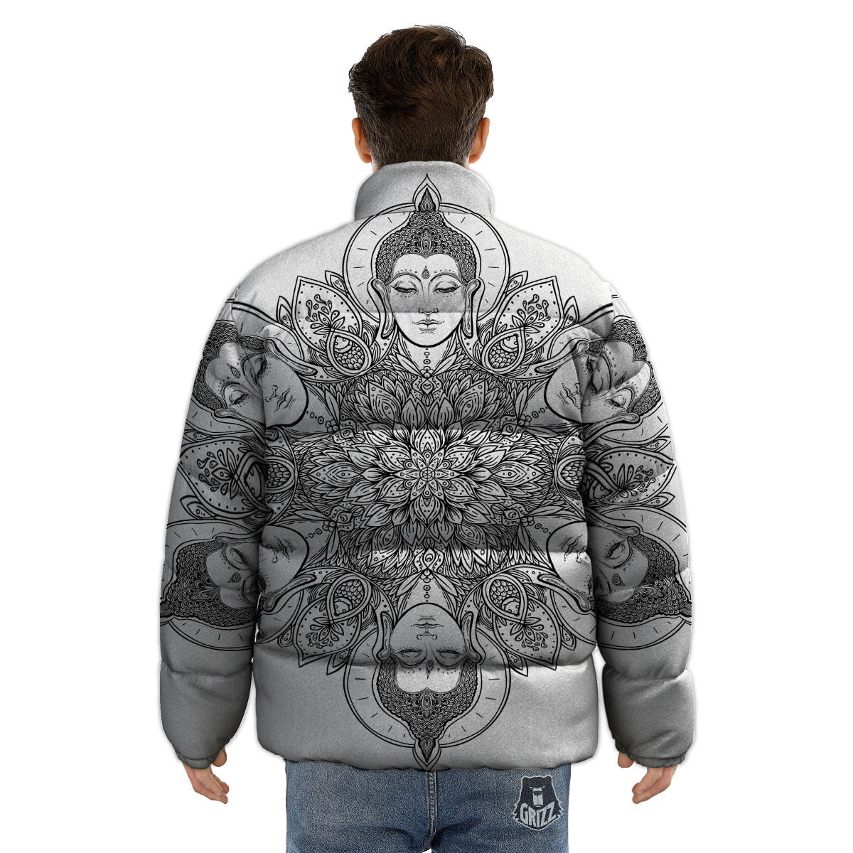 Buddha Face Ornate Mandala Print Puffer Jacket-grizzshop