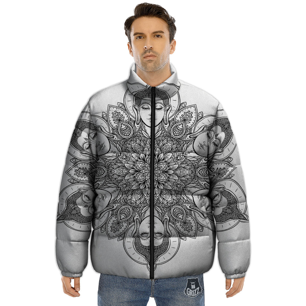 Buddha Face Ornate Mandala Print Puffer Jacket-grizzshop