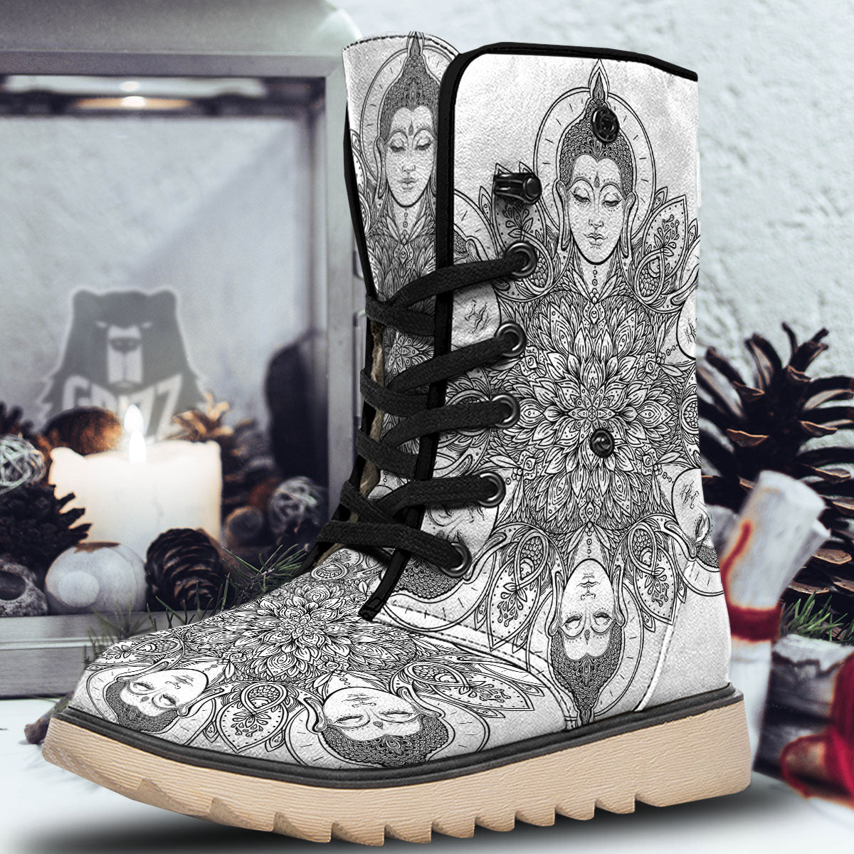 Buddha Face Ornate Mandala Print Snow Boots-grizzshop