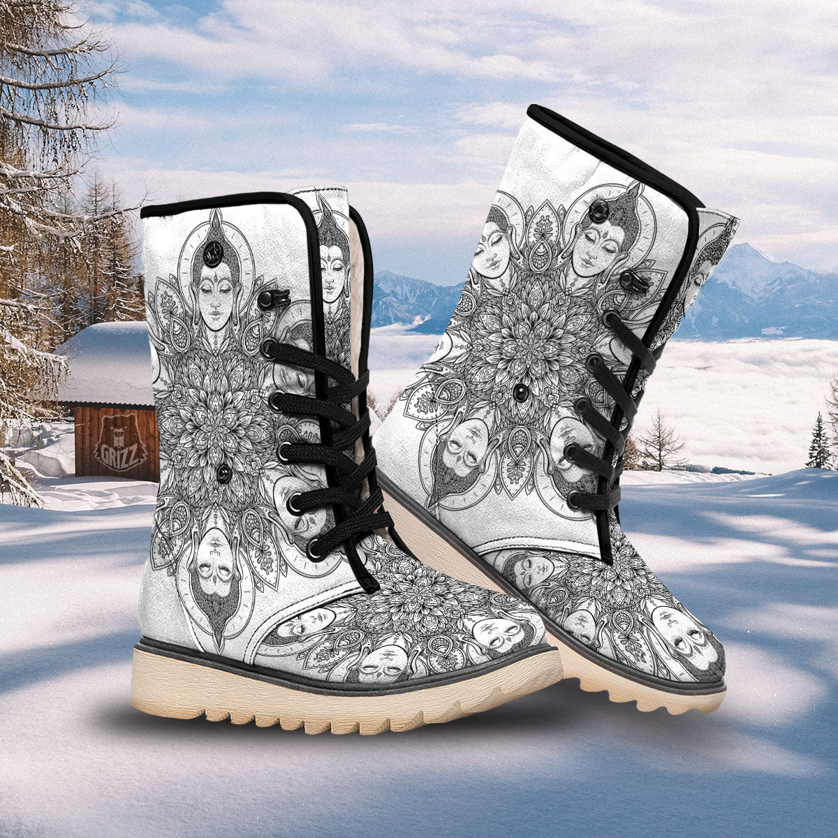 Buddha Face Ornate Mandala Print Snow Boots-grizzshop