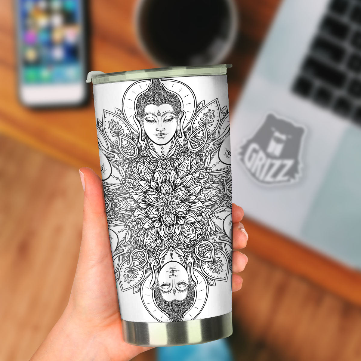 Buddha Face Ornate Mandala Print Tumbler-grizzshop