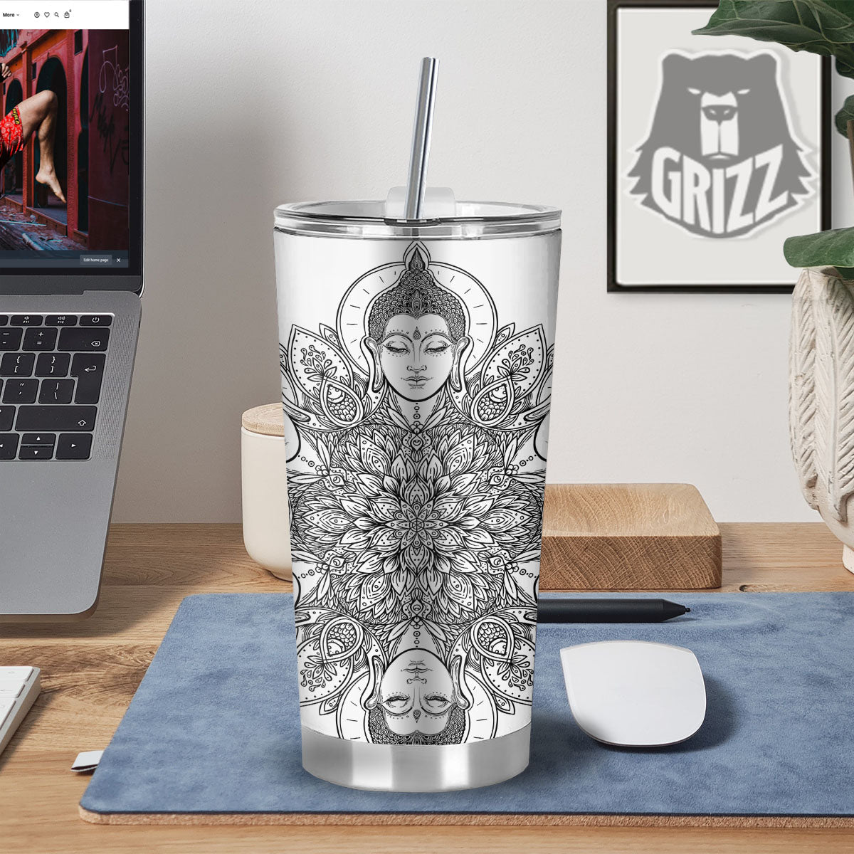 Buddha Face Ornate Mandala Print Tumbler-grizzshop