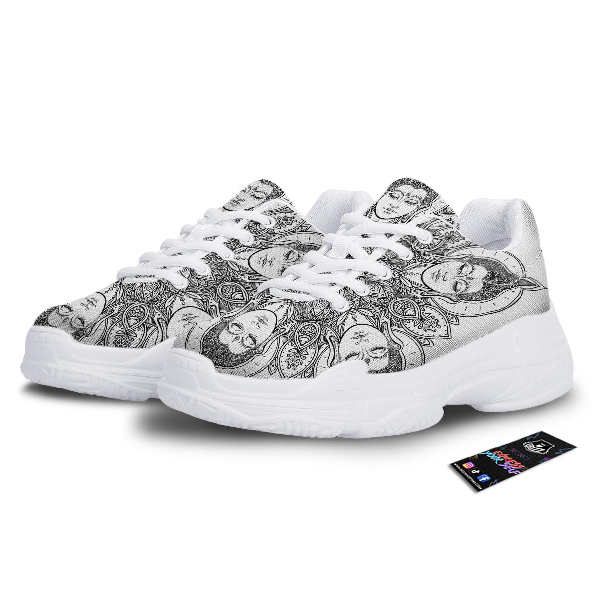 Buddha Face Ornate Mandala Print White Chunky Shoes-grizzshop