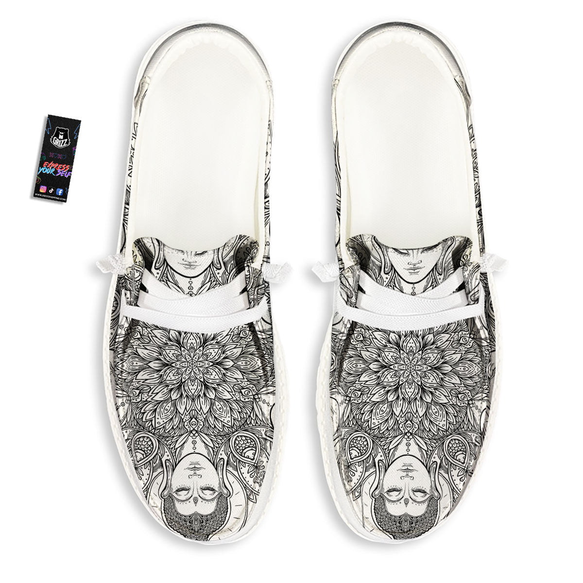 Buddha Face Ornate Mandala Print White Loafers-grizzshop