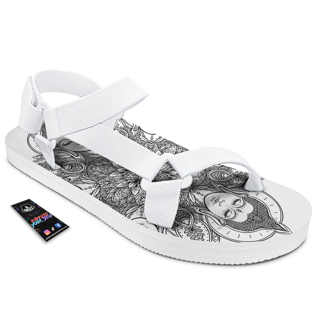 Buddha Face Ornate Mandala Print White Open Toe Sandals-grizzshop