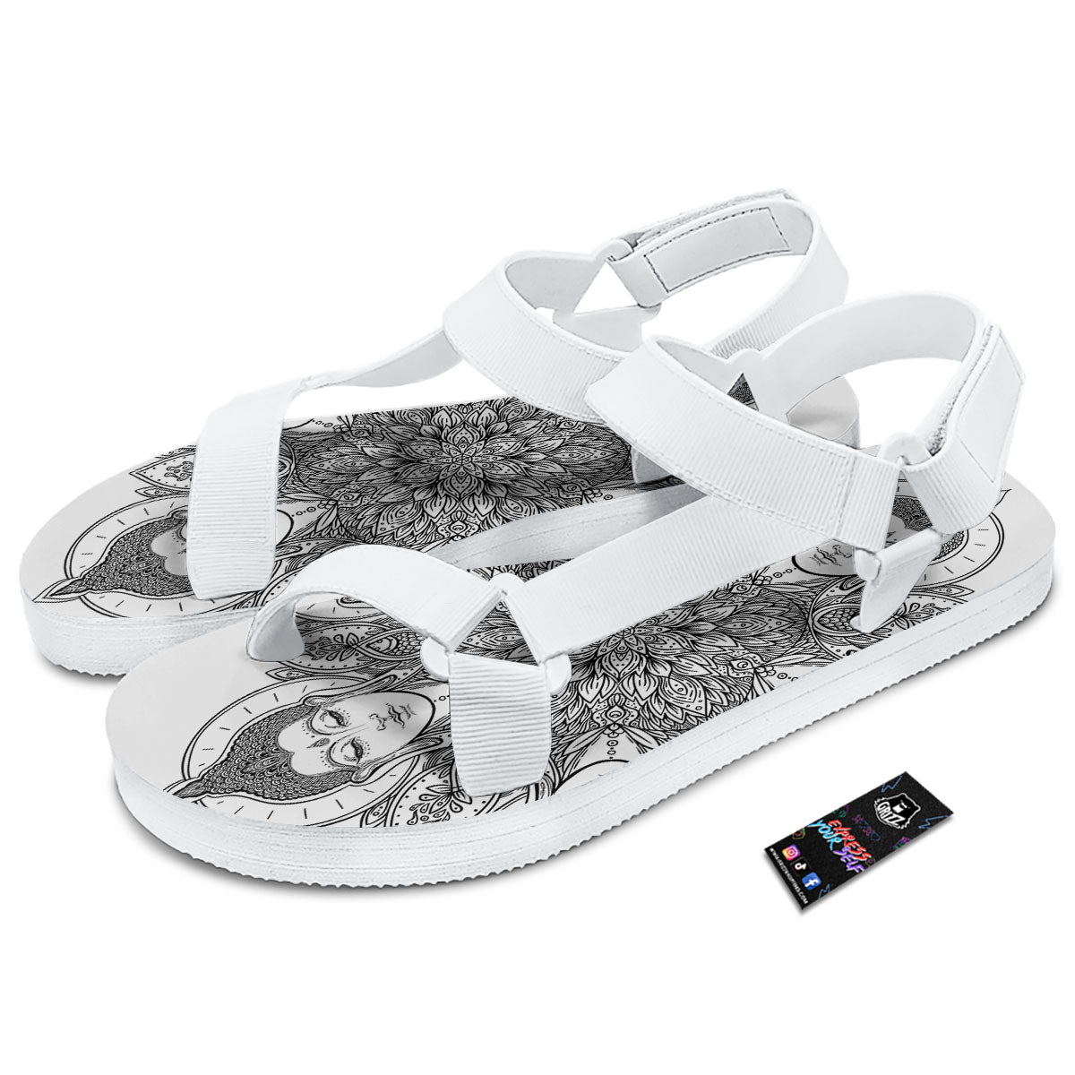 Buddha Face Ornate Mandala Print White Open Toe Sandals-grizzshop