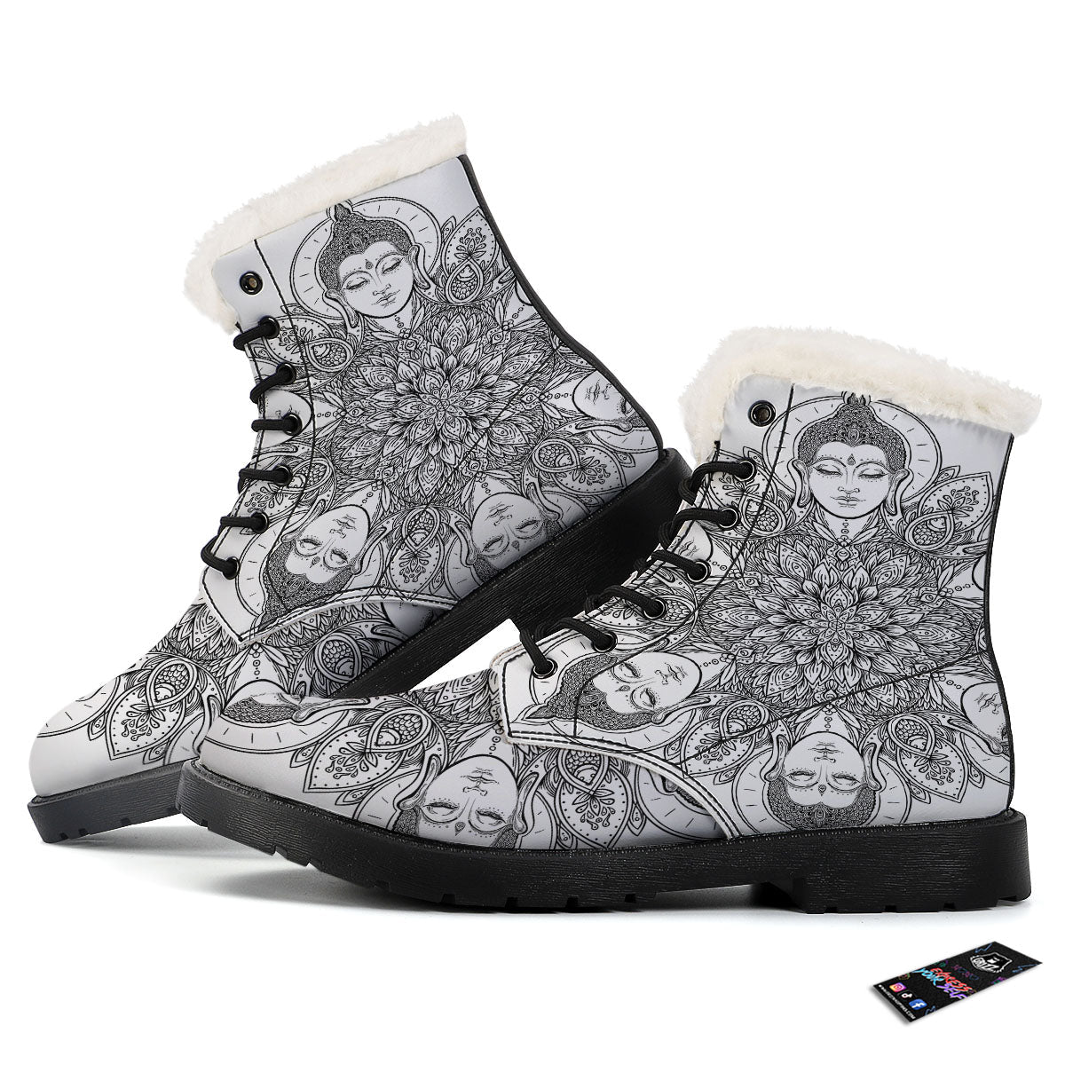 Buddha Face Ornate Mandala Print Winter Boots-grizzshop