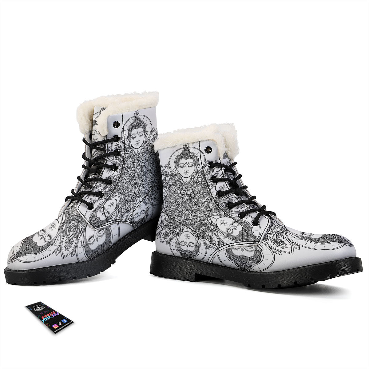 Buddha Face Ornate Mandala Print Winter Boots-grizzshop