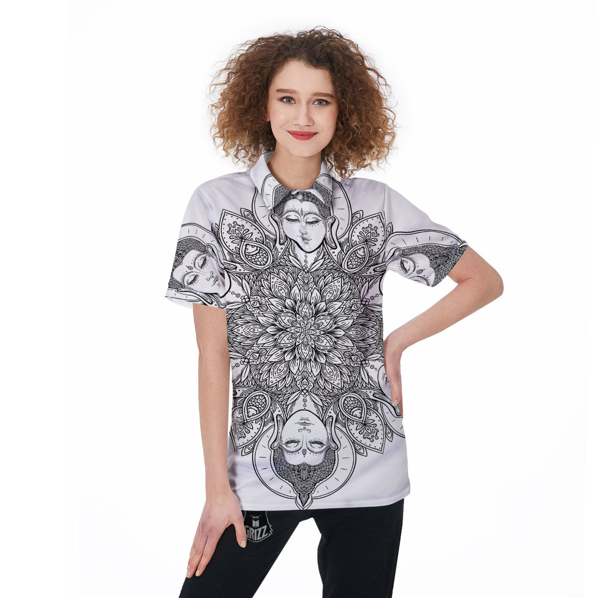Buddha Face Ornate Mandala Print Women's Golf Shirts-grizzshop