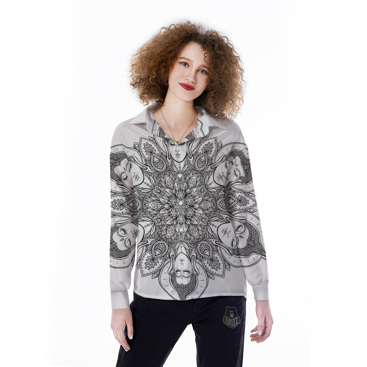 Buddha Face Ornate Mandala Print Women's Long Sleeve Shirts-grizzshop