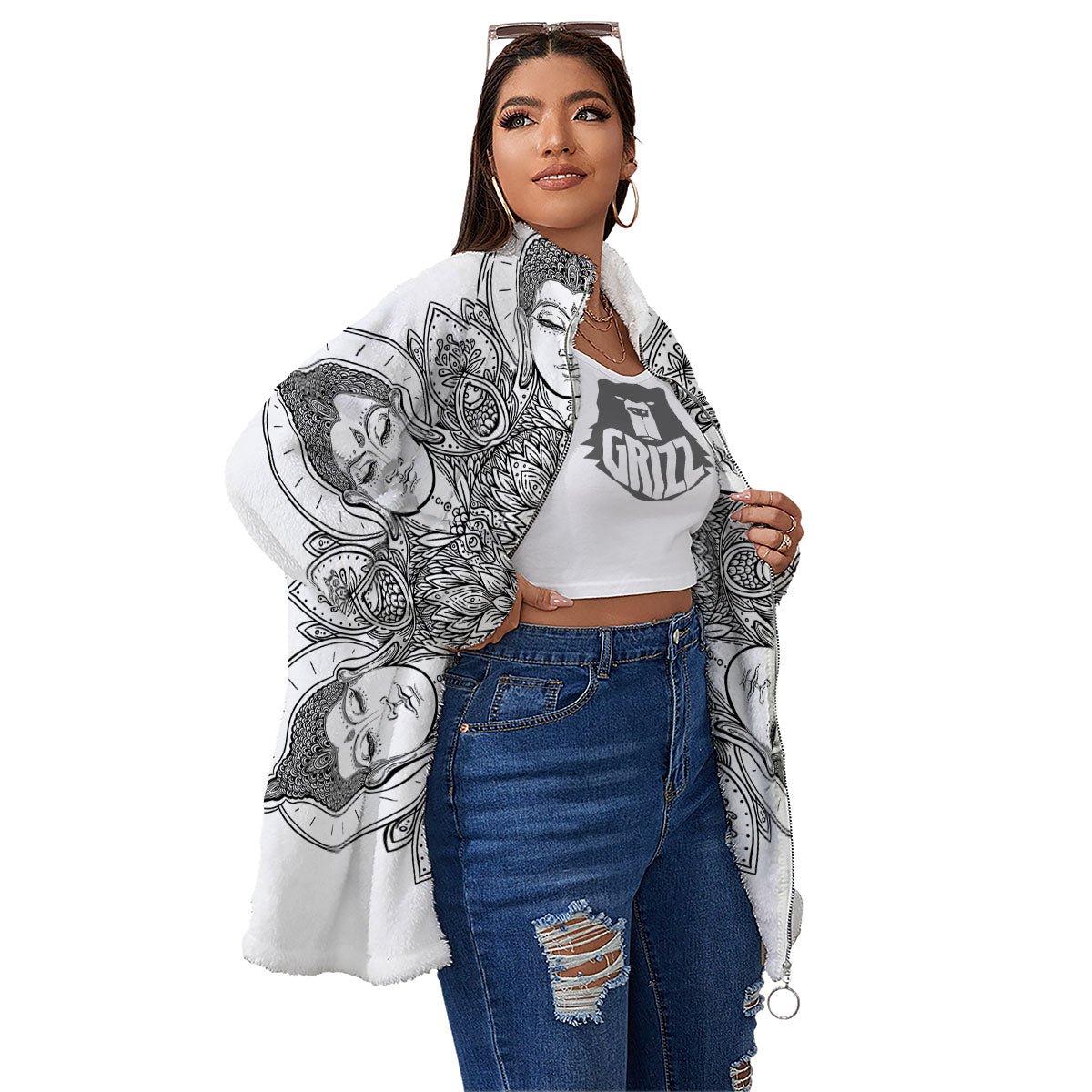 Buddha Face Ornate Mandala Print Women's Sherpa Jacket-grizzshop