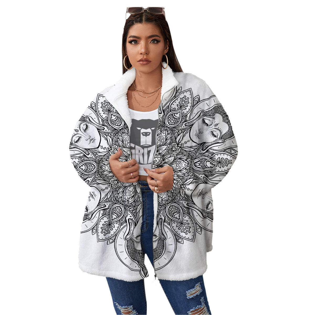 Buddha Face Ornate Mandala Print Women's Sherpa Jacket-grizzshop