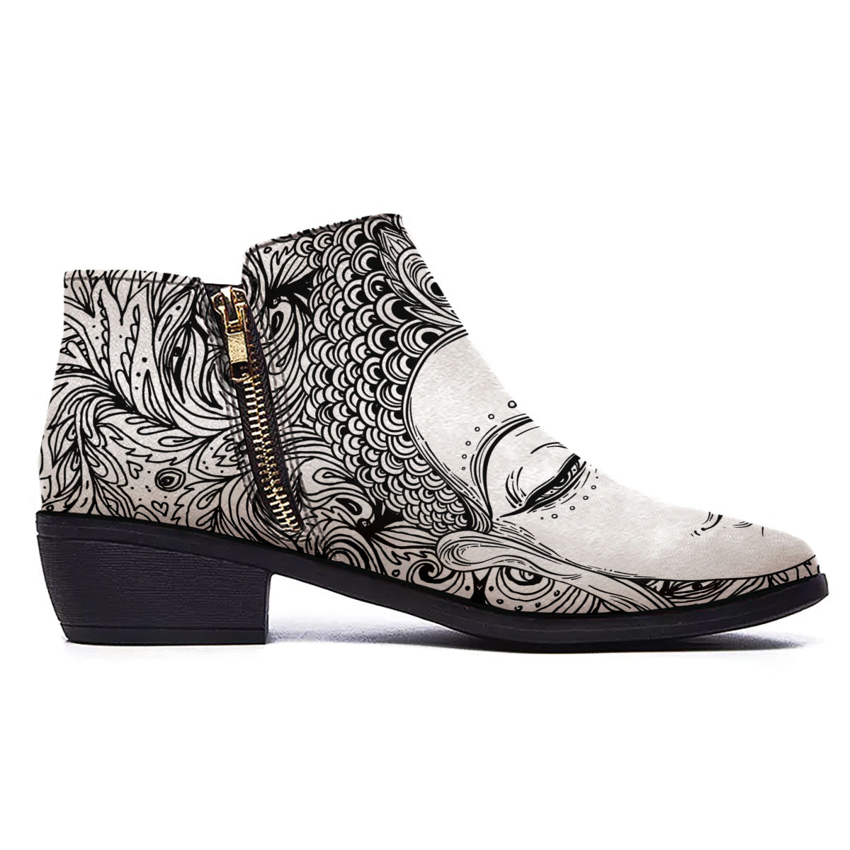 Buddha Mandala Spiritual Black White Print Ankle Boots-grizzshop