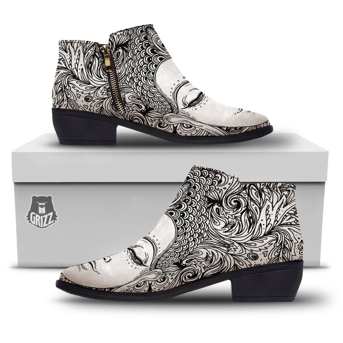 Buddha Mandala Spiritual Black White Print Ankle Boots-grizzshop