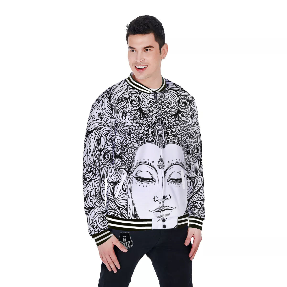 Buddha Mandala Spiritual Black White Print Baseball Jacket-grizzshop