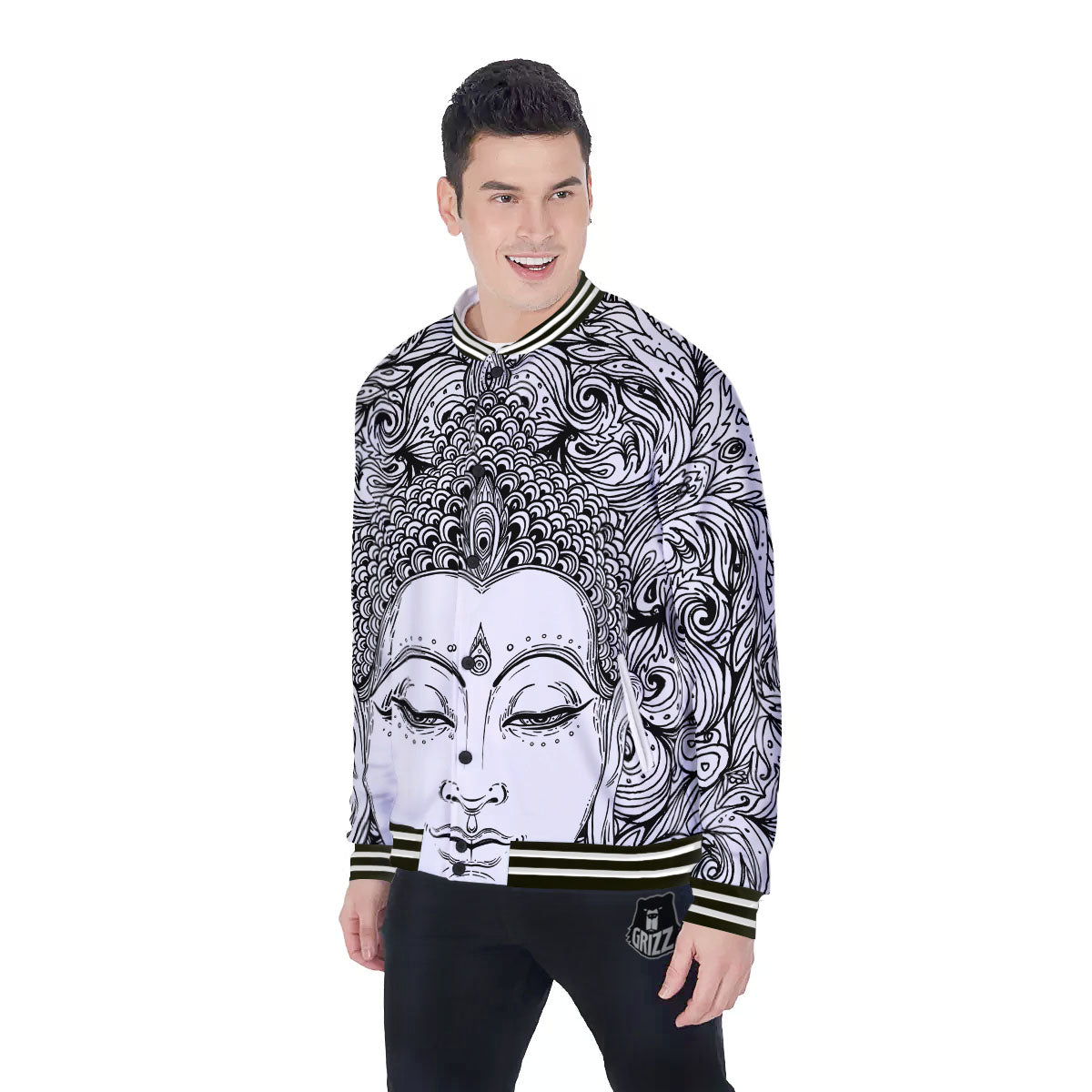 Buddha Mandala Spiritual Black White Print Baseball Jacket-grizzshop