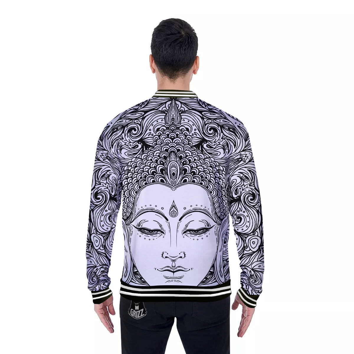 Buddha Mandala Spiritual Black White Print Baseball Jacket-grizzshop